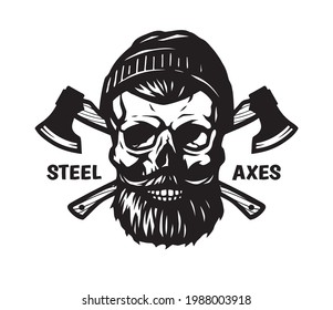 A lumberjack skull with a beard, a hat and two axes.