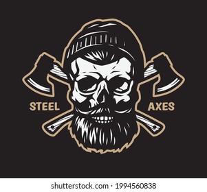 A lumberjack skull with a beard, a hat and two axes.