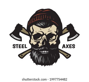 A lumberjack skull with a beard, a hat and two axes.