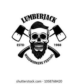 Lumberjack skull with crossed axes. Design element for emblem, sign, poster, t shirt. Vector illustration