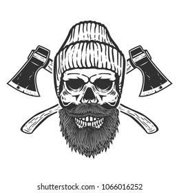 Lumberjack skull with crossed axes. Design element for emblem, sign, poster, t shirt. Vector illustration