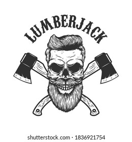 Lumberjack skull with crossed axes. Design element for poster,card, banner, sign, emblem. Vector illustration