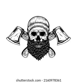 Lumberjack skull and crossed axes. Design element for logo, emblem, sign, poster, t shirt. Vector illustration