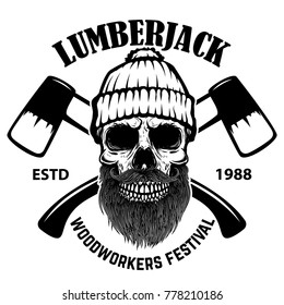 Lumberjack skull with crossed axes. Design elements for poster, emblem, sign, label. Vector illustration