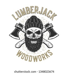 Lumberjack skull with crossed axes label isolated on white. Vector illustration.