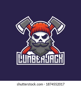 lumberjack skull with mustache and beard mascot logo. man face head with ax illustration vector