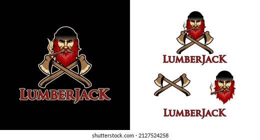 lumberjack skull with mustache and beard mascot logo. man face head with ax illustration vector