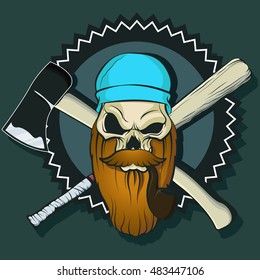 Lumberjack Skull Print Logo Emblem with axe and baseball bat