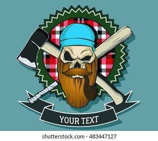 Lumberjack Skull Print Logo Emblem with axe and baseball bat