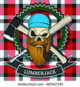 Lumberjack Skull Print Logo Emblem with axe and baseball bat