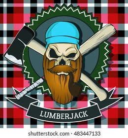 Lumberjack Skull Print Logo Emblem with axe and baseball bat