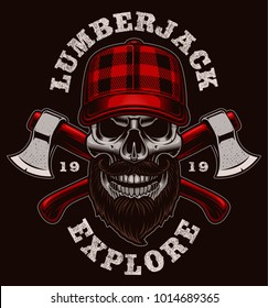 Lumberjack skull vector illustration. Shirt design on dark background.