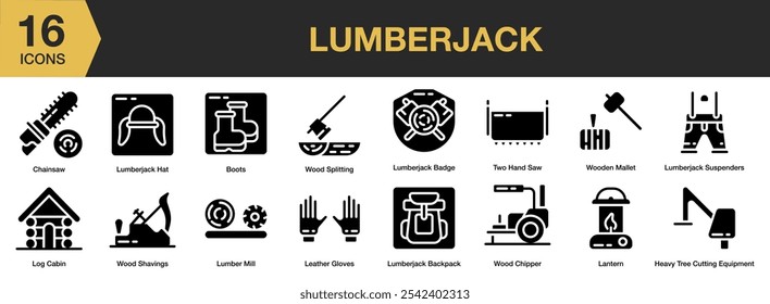 Lumberjack solid icon set. Includes wooden mallet, splitting, shavings, chipper, saw, and More. Solid icons vector collection.