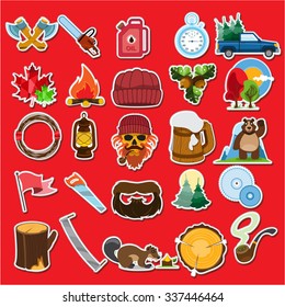 Lumberjack stickers and icons set, vector stroke icons