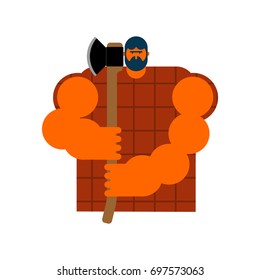 Lumberjack strong isolated. Woodcutter and axe. Big lumberman. feller with beard and axes.
