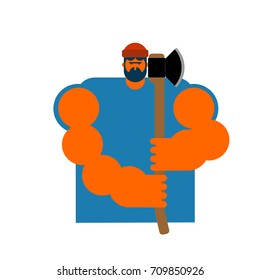 Lumberjack strong isolated. Woodcutter and axe. Big lumberman. feller with beard and axes. Vector illustration
