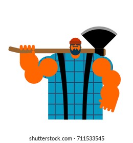 Lumberjack strong isolated. Woodcutter and axe. Big lumberman. feller with beard and axes.
