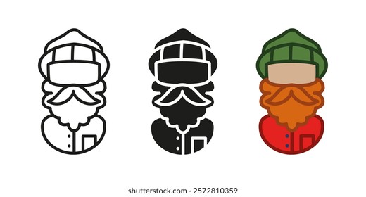 Lumberjack style man icon. Woodcutter character vector illustration. Ranger hipster fashion. Bearded forester, logger or lumberman symbol. Male person with green cap and beard. Woodworker or barber.