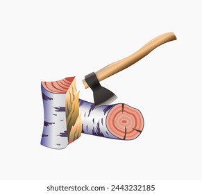 Lumberjack symbol. Birch logs with an ax on a white background. Vector illustration