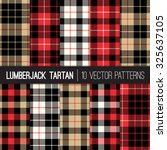 Lumberjack Tartan and Buffalo Check Plaid Patterns in Red, Black, White and Khaki. Trendy Hipster Style Backgrounds. Vector EPS File Pattern Swatches made with Global Colors.