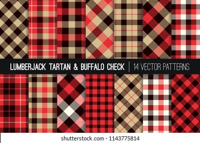 Lumberjack Tartan And Buffalo Check Plaid Vector Patterns. Tan, Red, Black And White Rustic Christmas Backgrounds. Hipster Flannel Shirt Fabric Textures. Pattern Tile Swatches Included.