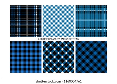 Lumberjack Tartan and Buffalo Check Plaid Patterns in Blue. Trendy Hipster Style Backgrounds. Vector EPS File Pattern Swatches made with Global Colors.