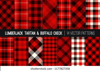 Lumberjack Tartan and Buffalo Check Plaid Vector Patterns. Maroon, Red, Black and White Rustic Christmas Backgrounds. Hipster Flannel Shirt Fabric Textures. Pattern Tile Swatches Included.