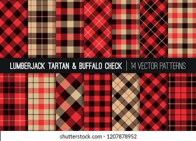 Lumberjack Tartan and Buffalo Check Plaid Vector Patterns. Red, Black and Tan Christmas Backgrounds. Hipster Flannel Shirt Fabric Textures. Repeating Pattern Tile Swatches Included.