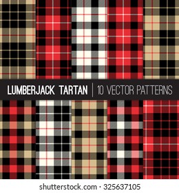 Lumberjack Tartan and Buffalo Check Plaid Patterns in Red, Black, White and Khaki. Trendy Hipster Style Backgrounds. Vector EPS File Pattern Swatches made with Global Colors.