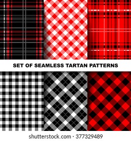 Lumberjack Tartan and Buffalo Check Plaid Patterns in Red, Black, White and Khaki. Trendy Hipster Style Backgrounds. Vector EPS File Pattern Swatches made with Global Colors.