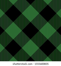 Lumberjack tartan plaid. Scottish diagonal pattern in black and green cage. Scottish cage. Traditional Scottish checkered background. Seamless fabric texture. Vector illustration