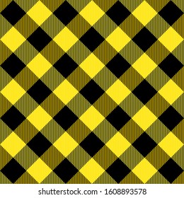 Lumberjack tartan plaid. Scottish diagonal pattern in black and yellow cage. Scottish cage. Traditional Scottish checkered background. Seamless fabric texture. Vector illustration