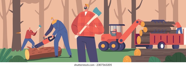 Lumberjack Team Prepares Wood With Precision. Male Characters Utilizing Sharp Axes, Powerful Chainsaws, Illustration