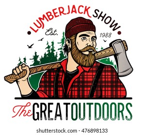 Lumberjack Template Logo. Lumberjack mascot holding the axe. Vector Design Illustration.