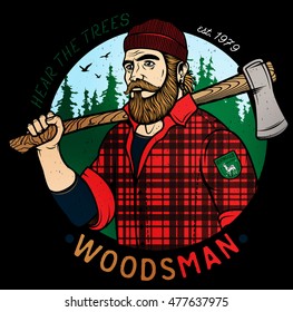 Lumberjack Template Logo. Lumberjack mascot holding the axe. Vector Design Illustration.