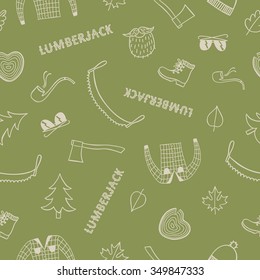 Lumberjack theme doodle seamless background including axe, beard, shirt, trees, pipe, glasses. Hand drawn pattern for your design.
