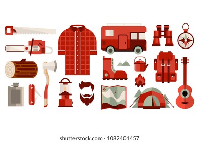Lumberjack, timber and woodworking tools set vector illustration