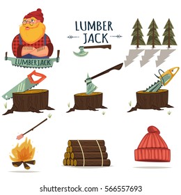 Lumberjack, timber and woodworking tools vector icons isolated on white background. Chainsaw, axe, tree stump, log wood, forest and more. Set of cartoon style.