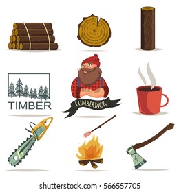 Lumberjack, timber and woodworking tools vector icons isolated on white background. Chainsaw, axe, tree ring, log wood, forest and more. Set of cartoon style.