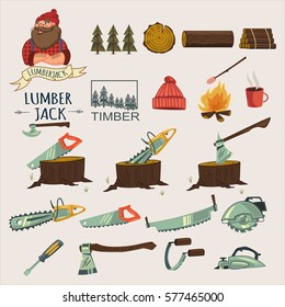 Lumberjack, timber and woodworking tools vector icons isolated on white background. Chainsaw, axe, tree stump, log wood, forest and more. Big set of cartoon style.