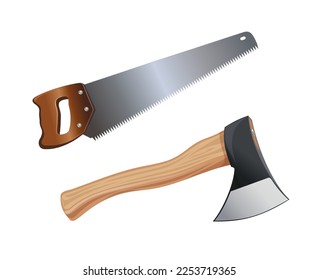 Lumberjack tools - an ax and saw. Vector illustration
