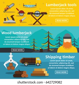 Lumberjack tools banner horizontal concept set. Flat illustration of 3 lumberjack tools vector banner horizontal concepts for web
