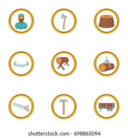 Lumberjack tools icon set. Cartoon style set of 9 lumberjack tools vector icons for web isolated on white background