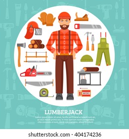 Lumberjack and tools icons set with saws axes overall in white circle with blue background vector illustration 