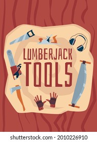 Lumberjack tools sale promotion banner template, flat vector illustration. Banner or poster template with woodcutting or lumber professional instruments.