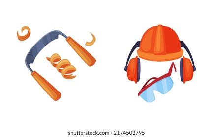 Lumberjack tools set, equipment for wood processing cartoon vector illustration