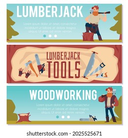 Lumberjack tools and woodworking banners or flyers set with cartoon characters, flat vector illustration. Wood chopping and logging banners or posters collection.