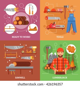 Lumberjack and tools for working wood with sawmill forest bonfire saw axe overall casque isolated vector illustration