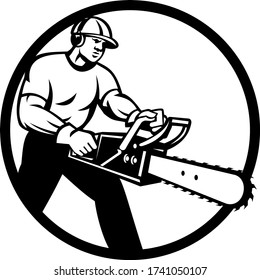 Lumberjack Tree Surgeon Arborist Chainsaw Circle Black And White