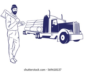 lumberjack and a truck with wooden logs